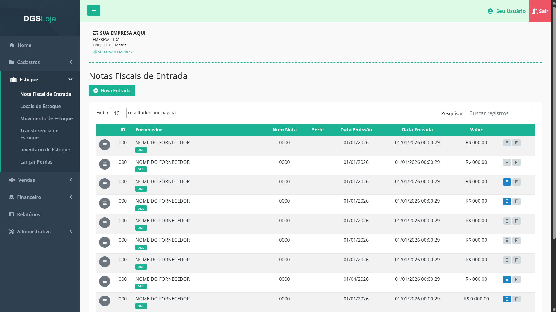 DgsLoja Fiscal - Notas Fiscais de Entrada com tags XML